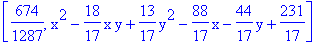[674/1287, x^2-18/17*x*y+13/17*y^2-88/17*x-44/17*y+231/17]